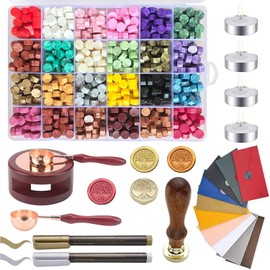 Morovanlaza Juego de sellos de cera con caja de regalo, 24 colores y 600 piezas de sello de cera con sello de cera, calentador de cera, sello de cera y sobre, kit de sello de cera para regalo