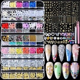 Teenitor Nail Rhinestones Nail Art Tools with 15 Sheets Gold Nail Art Stickers, 6 Boxes of Nail Charms Nail Gems Nail Pearls Nail Jewels