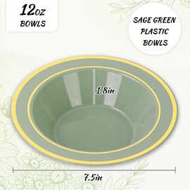 Whaline 50Pcs Sage Green Plastic Bowl With Gold Rim 12Oz Disposable Soup Bowl Dessert Serving Bowl For Wedding Birthday Bride Shower Party Supplies Table Decor