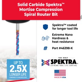 Amana Tool 46398-K CNC Carburo solido Spektra Extreme Tool Life Coated Mortise Compression Spiral 1/8 D x 13/16 CH 1/8 Vastago 2-1/2 Inch Long 2 Flute Broca