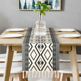 Yugarlibi Dark Grey Table Runner with Tassels, Geometric Wrinkle Resistant Autumn Table Runner for Dining Table Room Party Wedding Banquet Buffet 70x14 Inches (180x35 cm)