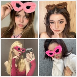 LASPOR Women Plush Fuzzy Cat Eye Sunglasses Punk Soft Velvet Shades Ladies UV400 Handmade Party Eyewear (Red)