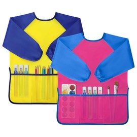 Yeunmu Kids Painting Apron 2 Pack, Waterproof Toddler Art Smock, Artist Smock for Kids Age 2-8 with Long Sleeve and 3 Pockets