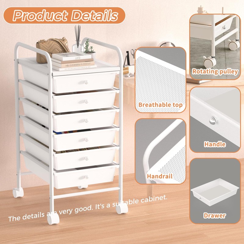 6 Tier Utility Rolling Cart with 6 Drawers Multipurpose Rolling