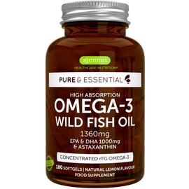 Igennus Healthcare Nutrition Igennus Omega-3 Wild Fish Oil & Astaxanthin, Highest Grade Triglyceride Form rTG Omega-3 EPA & DHA Fatty Acids 1000mg, Ultra Pure; Free from Environmental Toxins, Lemon Flavour, 180 Small Softgels