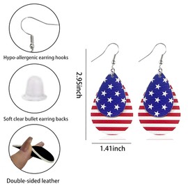 BOFILL American Flag Earrings for Women 4th of July Patriotic Independence Memorial Veterans Day Leather Teardrop Cute Dangle Lightweight Fun Holiday Gifts