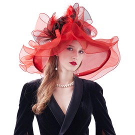 Z&X Women's Organza Kentucky Derby Church Fascinator Fancy Floral Bridal Wedding Hat, #4 Red, One Size