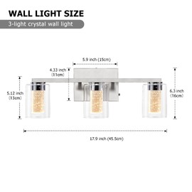 SADENICEL Brushed Nickel Vanity Lights, 3-Light Bathroom Light Fixtures, Crystal LED Bathroom Lights Dimmable White/Neutral/Warm Light with Clear Glass Shade for Bathroom Bedroom Hallway Lighting