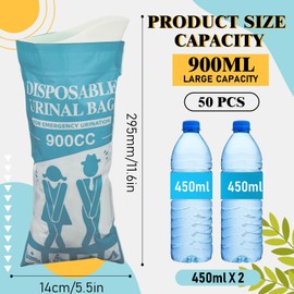 Nuogo 50 Pcs Disposable Urinal Bag Portable Camping Pee Unisex Female Urinal Vomit Bags for Travel, Camping, Hiking for Women Men Kids Patient(Normal,900 ml)