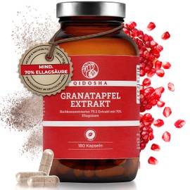 QIDOSHA® Pomegranate Extract Capsules High Dosage, 70% Ellagic Acid, 180 Pieces/Glass, 75:1 Premium Extract with 1800 mg Pomegranate Extract per Daily Serving, Vegan, German Production
