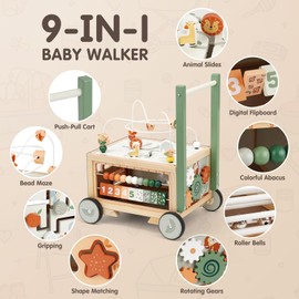 Joyreal Wooden Baby Walker - 9-in-1 Baby Push Walker with Activity Cube, Push Activity Walker for Boys and Girls, Sit-to-Stand Learning Walker Activity Center, Speed & Height Adjustable