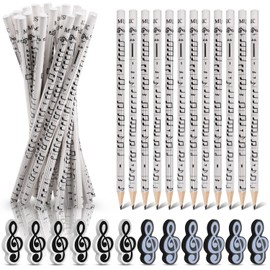 Dncvb 36 Piece Music Note Pens Set, 24 Pencils for Music Notes + Erasers with Music Symbols, Music Motifs Pencils, Pencil Music for Students, Children, Party Gifts, Classroom