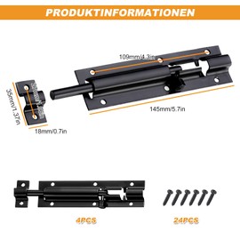 Security Door Bolt Made of Stainless Steel, Pack of 4 Sliding Door Lock with 24 Screws, Sliding Lock Door Bolt Latch, Stainless Steel Bolt Lock for Garden Gate, Bathroom, Shed (6 Inches, Black)