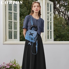 CORIOS Women Denim Backpack Drawstring Rucksack Casual Style Lightweight Daypack Jean Purse Small Handbag Tote Bag Cute Top Handle Bag Fashion Shoulder Bag for Travel Work Shopping Dark Bule