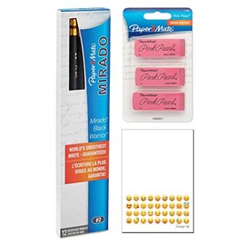 Paper Mate Kit Pink Pearl Erasers (70501), Mirado Black Warrior Pencils HB #2, Bundle with Emoji Notepad, Supplies for Office, Home and School Use