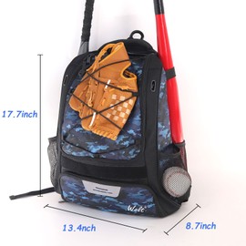 WOLT | Youth Baseball Bag - Bat Backpack for T-Ball & Softball Equipment & Gear, Bat & Glove Holder, Large Main Compartment for Helmet & accessories, Separate Shoes Compartment, Fence Hook (CamoBlue)