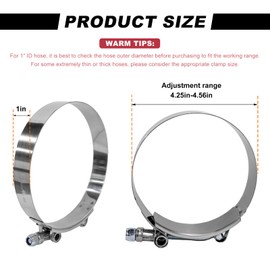 JUSTTOP 2PCS 4 Inch T-Bolt Hose Clamp, Adjustable 108-116mm Clamp Range for 4" Hose ID, Stainless Steel Heavy Duty Pipe Clamps for Turbo Intake Intercooler, Car Accessories