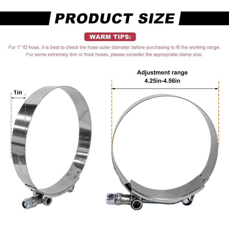 JUSTTOP 2PCS 4 Inch T-Bolt Hose Clamp, Adjustable 108-116mm Clamp