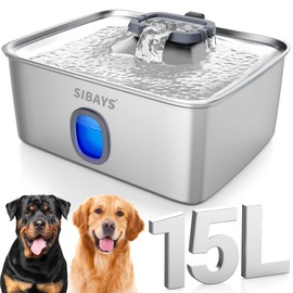 SIBAYS 4Gal/15L Large Dog Water Fountain, Stainless Steel Pet Fountain with Water Window & LED Light, Ultra Quiet Automatic Dog Water Bowl Dispenser for Large Dogs & Multi-pet, Easy to Clean(FS76)