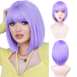 Short Bob Wigs With Bangs - Straight bob wig for women Lavender Purple 12inch Synthetic wig Heat Resistant Fiber Hair Natural and stylish look suitable for cosplay parties…