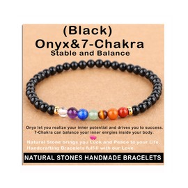 AD Beads Handmade Gemstone Stretch Elastic Bracelet Crystal Healing Reiki Nature's Beauty and Spiritual Essence Unisex (4mm, Onyx & 7-Chakra (Stable and Balance))