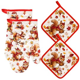Arquiel Autumn Squirrel Oven Mitts and Pot Holders Sets, 100% Cotton, 4pcs