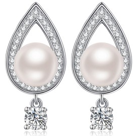 jiamiaoi 18K White Gold Plated Pearl Earrings Hanging Earrings Silver 925 Pearl Earrings Hanger Beads Earrings Sterling Silver Earrings Pearls 8 mm, Silver