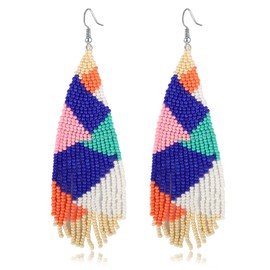 CALORVIA Boho Big Long Tassel Beaded Dangle Earrings Native Handmade Bohemian Large Statement Fringe for Women (Colorful)