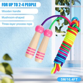 Mayoii 16.4FT Long Jump Rope (2 Pack) for Kids Adults, Adjustable Rainbow Skipping Rope With Wooden Handles, Best Gift for Children Perfect for Outdoor Activities, School Sports (Pink)