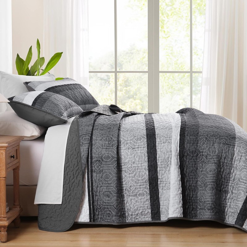 Dobuyly Grey Queen Quilt Set, Boho Bedspread Queen Size, Striped