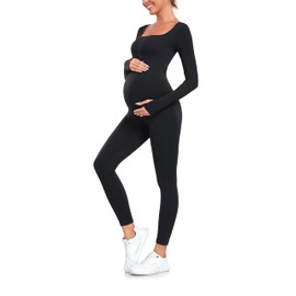 EastElegant Maternity Seamless Yoga Jumpsuits Women's One Piece Workout Bodysuits Ribbed Square Neck Long Sleeved Romper Black M