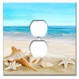 OVERSIZED Metal Outlet Cover, 2 Gang Jumbo Electrical Outlet Cover Plate (for 1 Centered Device), Wall Plate Cover for Duplex Outlets - UL Listed, 5.5" x 5.5" - Seashells on the Beach - Made in USA