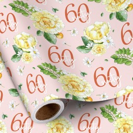 RUSPEPA 60th Birthday Wrapping Paper for Women - Mini Roll - Floral and 60th Birthday Design on Pink Background for Women's Birthday Party and More - 17 inches x 16.4 feet