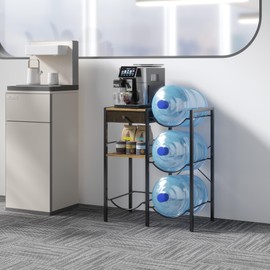 YAUKOMEL 5 Gallon Water Jug Holder,3-Tier Water Bottle Holder with Drawer,Water Jug Rack with Storage Shelve,Water Bottle Organizer with 4 Slots for Kitchen,Office,Living Room,Rustic Brown WBR01B
