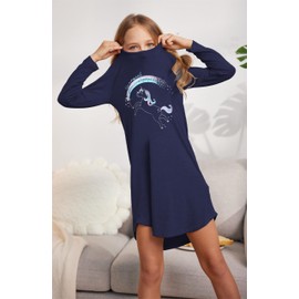 Arshiner Girls Nightgowns Long Sleeve Print Pajamas Nightdress for Kids Soft Sleep Wear Nighties(Navy Blue/Unicorn, 11-12Y
