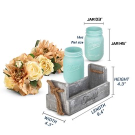 Besuerte Rustic Table Centerpiece Decor-Decorative Thankful Wood Tray with 2 Painted Mason Jars, Rose Bouquet Flowers for Home,Dining Room, Living Room, Kitchen, New Home Housewarming Gift,Blue