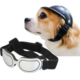 La La Pet® Pet Helmet with Dog Goggles Pet Doggie Cap Hat Dog Sunglasses Pet Eye Wear Cat UV Protection Sun Glasses for Puppy Dog Travel Skiing, Helmet S + Silvery Goggles