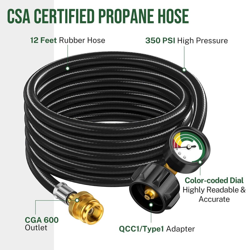Alloxity12FT Propane Hose Adapter 1lb to 20lb with Gauge, Propane