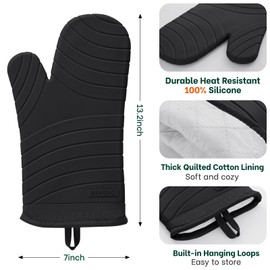 Beneno Heat Resistant Silicone Oven Mitts BPA-Free, Non-Slip Textured Grip & Quilted Cotton Lining, Waterproof Kitchen Mitt 2-Pack Set, 7"x13", Black