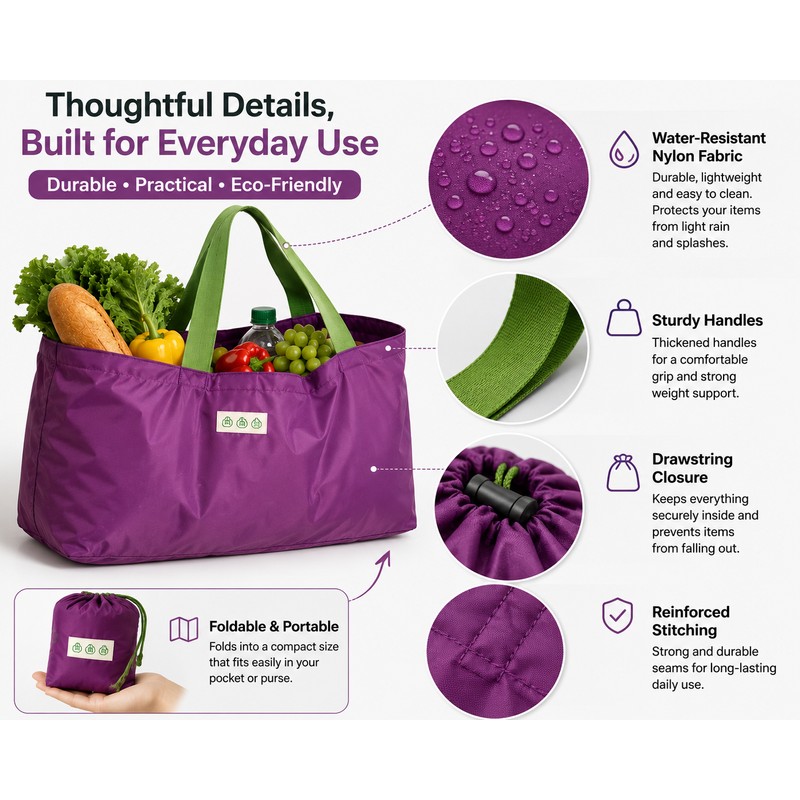 Large Capacity Foldable Shopping Bag with Drawstring Closure