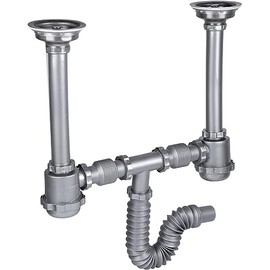 Urrea 3735G Céspol Flexible Doble con Bote Grande y Contracanasta, Trampa para Fregadero Doble, Desagüe para Cocina, Plástico