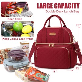 AIJIEKE Lunch Bag for Women, Double Deck Insulated Lunch Box for Work, Cute Large Leakproof Tote Lunch Cooler Bag with Side Pockets, Dual Compartment Lunch Bag for Picnic Beach Hiking, Red