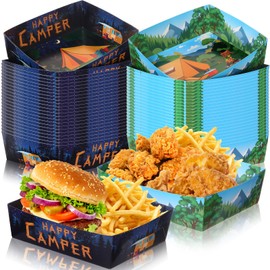 Ziliny 48 Pcs Camping Party Supplies 5 lbs Camping Adventure Nacho Boats Large Paper Serving Trays for Burger Fries Hot Dog Taco BBQ Popcorn Campfire Hiking Camper Theme Forest Nature Hiking Party