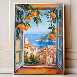 JCSMHVLA Lemon Tree Seaside Landscape Canvas Wall Art Living Room Bedroom Wall Decor Seaside Artwork for Walls Watercolor Lemon Tree Painting Italian Cityscape Print 16x24in Frameless