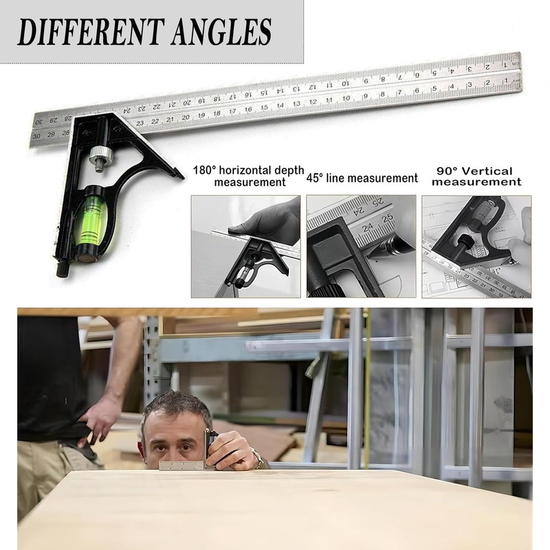 Combination Square 300mm(12") Adjustable Carpentry Square Stainless Steel Angle Ruler