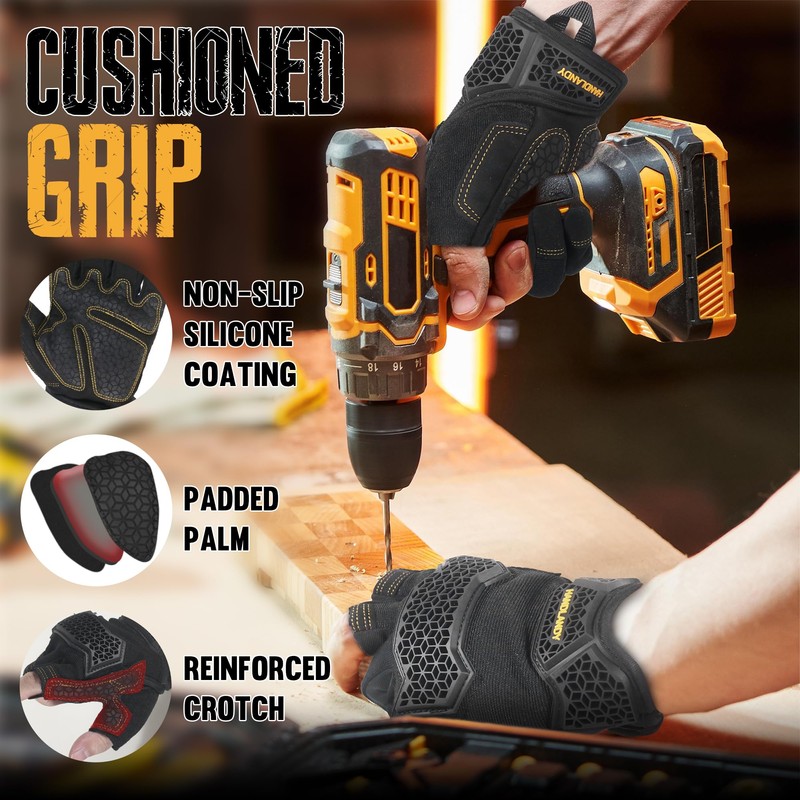 HANDLANDY Fingerless Framer Work Gloves for Men, Utility Grip Paded
