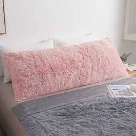 MEGO Shaggy Plush Body Pillow Cover, Pink Faux Fur Fluffy Body Pillowcase, 20x54 Boho Fuzzy Full Body Pillow Case, Furry Rectangular Long Big Throw Pillow Cover with Zipper Closure Ombre Pink