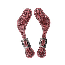 BLACK HOOF | Pink | Floral Tooled Leather Spur Straps with Silver Spots for Horse Riders | Western Men, Women, Adjustable Single Ply Spur Straps | Equestrian Accessories