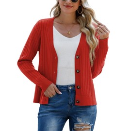 PrinStory Women's Cardigans Button Down Jumpers Long Sleeve Tops Open Front Knitted Cardigan Sweaters (Rust Red, XL)