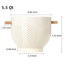 Metal Colander with Wood Handle, Powder Coated Kitchen Essential 22cm Metal Strainers,Large Kitchen Strainer with Stable Base Perfect for Pasta, Fruits,Vegetables (Cream)